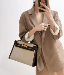 Kelly 25 Bag With Exterior Stitching Crafted Of Patchwork Canvas & Premium Swift Leather, Classic Deep Ebony Wood Shade, Unique Mixed Material Texture With Distinct Vintage Charm Dimensions: Length 25 * Width 10 * Height 18cm
