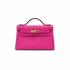 Mini Kelly Sellier 22cm Rose Tyrien Ostrich Leather Gold Hardware Women Mini Handbag