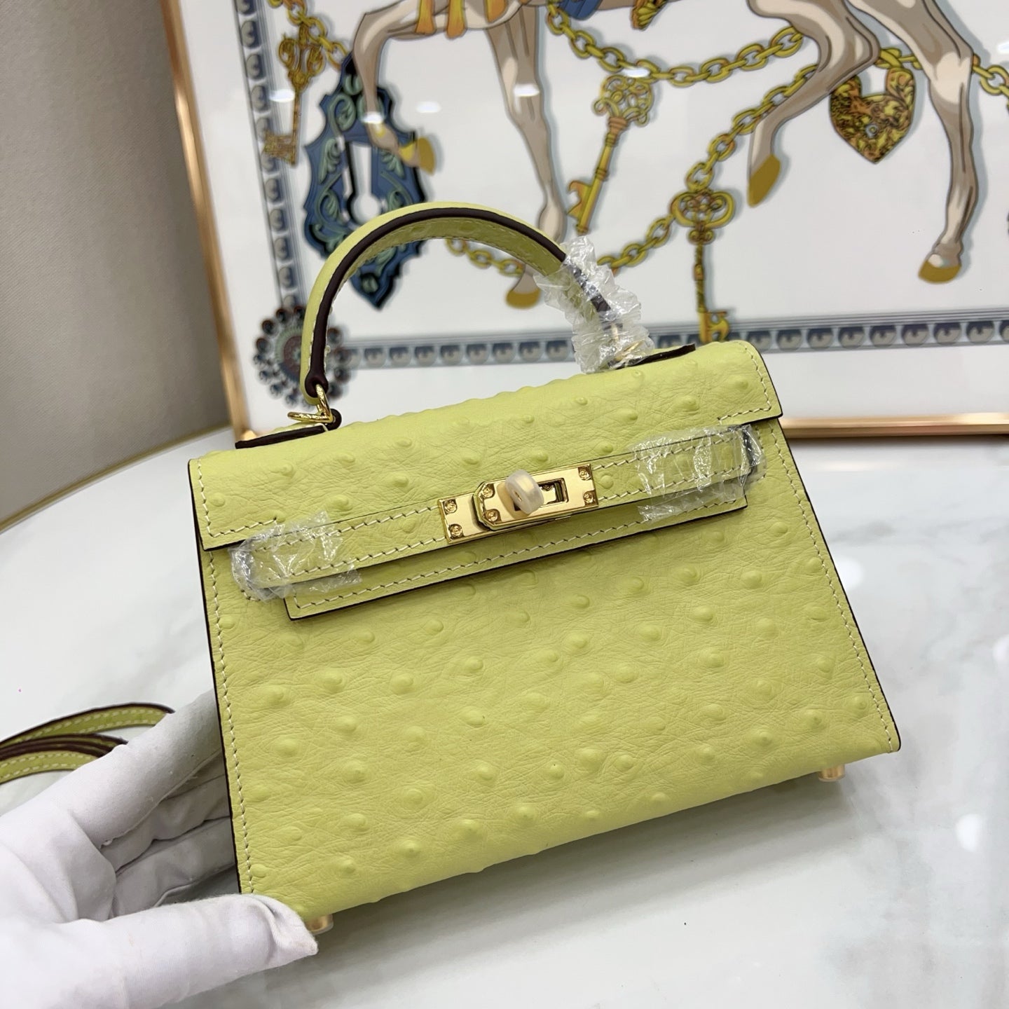Mini Kelly II 19cm Sellier Jaune Poussin Ostrich Gold Hardware Luxury Mini Handbag
