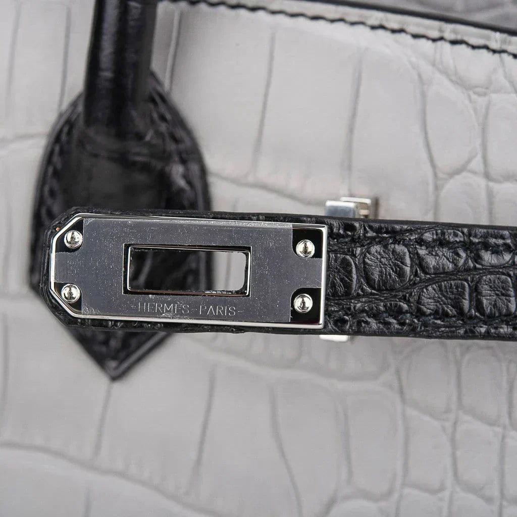 👜Birkin 25 HSS Bag Gris Perle / Black Matte Alligator Palladium Hardware