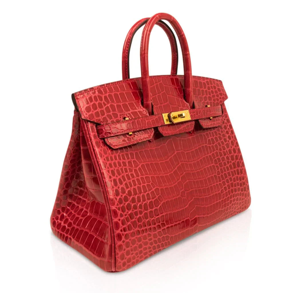 👜Birkin 25 Bag Red Braise Porosus Crocodile Gold Hardware Lipstick Red