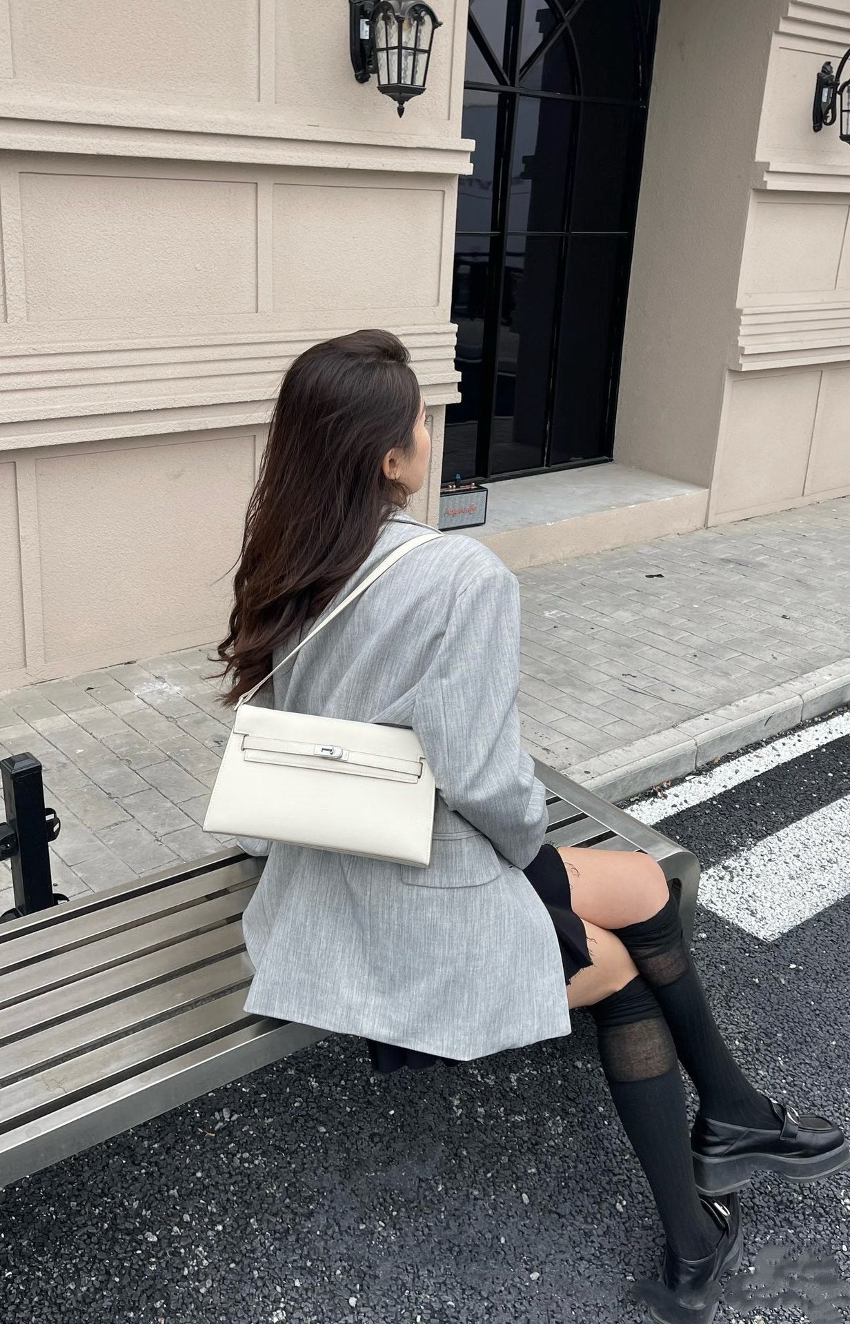 Kelly Elan 25 Underarm Baguette Bag, Genuine Top Layer Cowhide Goat Grain Leather, Silver Hardware Off White Shoulder Handbag, Youthful Elegant Goddess Daily Purse Size 25×6.5×15cm
