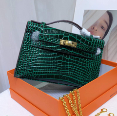 Kelly Pochette Vert Emeraude Shiny Niloticus Crocodile Leather Gold Hardware Women Clutch Bag