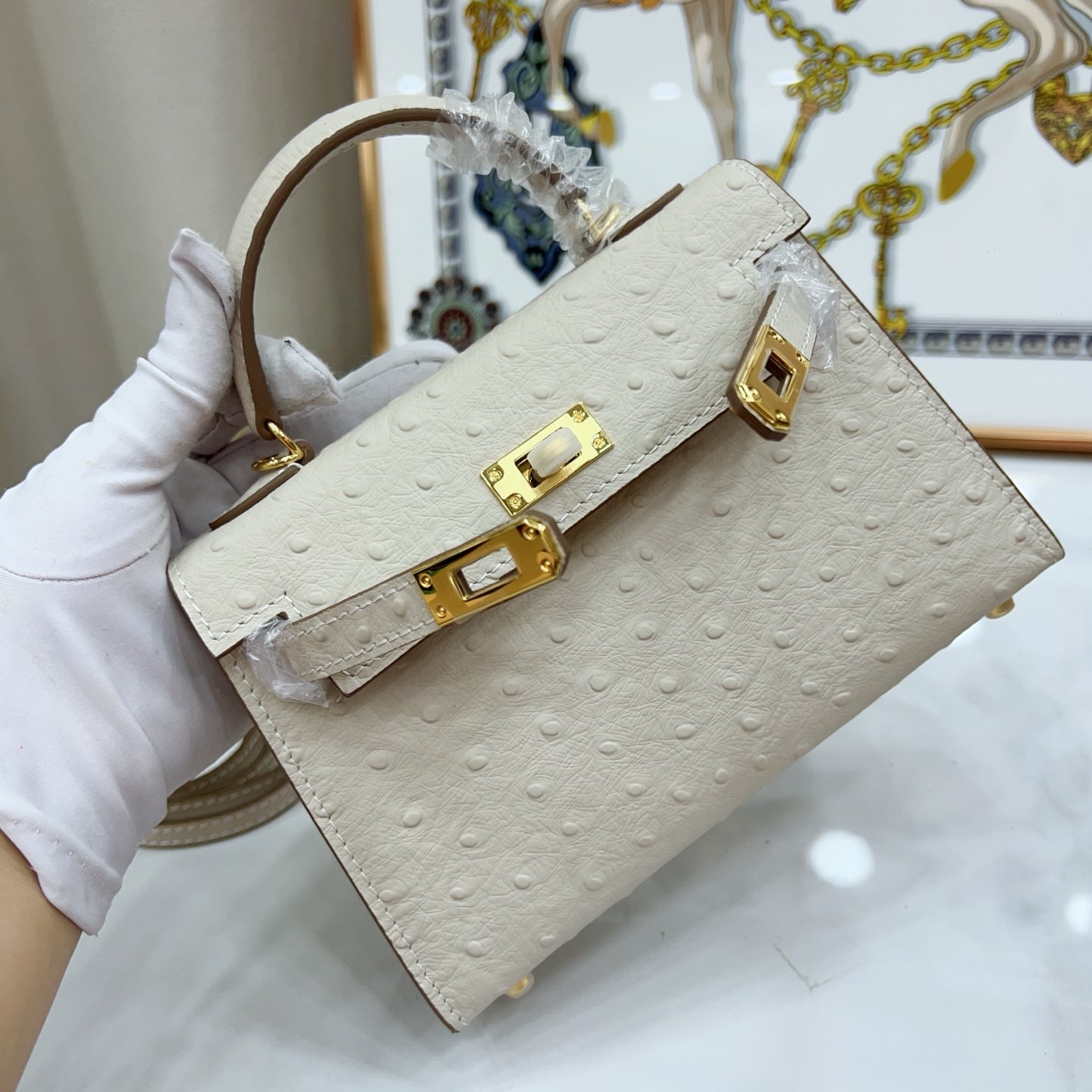 Mini Kelly II 19cm Sellier Craie Ostrich Gold Hardware Premium Women Daily Handbag
