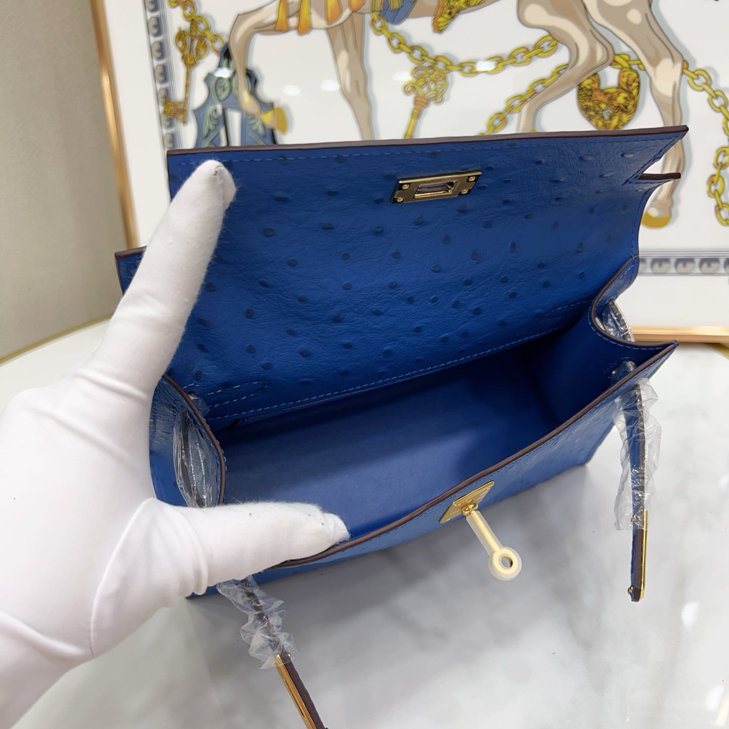 Mini Kelly Sellier 22cm Bleu Electrique Ostrich Leather Gold Hardware Women Mini Handbag