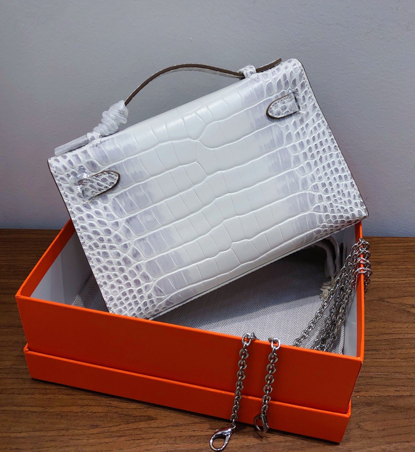 Kelly Pochette Himalaya Niloticus Crocodile Leather Palladium Hardware & Palladium Hardware Women Clutch Handbag