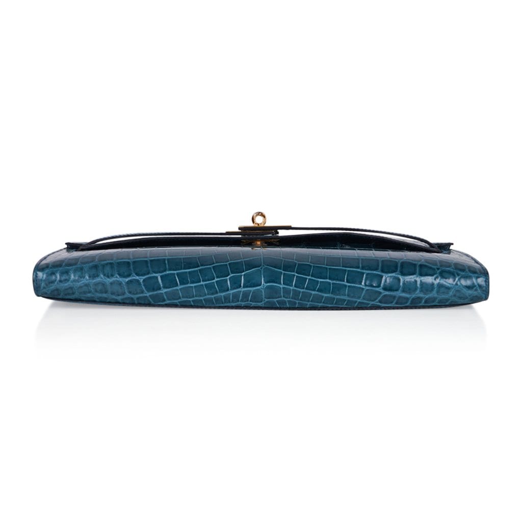 👜Kelly Cut Bag Blue Colvert Crocodile with Gold Hardware
