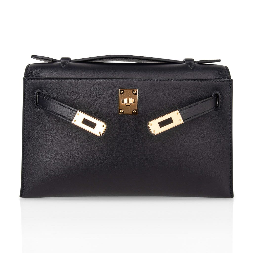 👜Kelly Pochette Bag Black Swift Leather with Gold Hardware