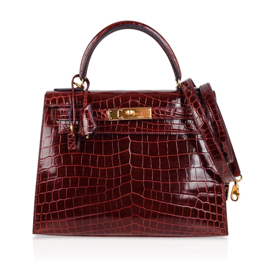 👜Kelly 28 Bag Sellier Bourgogne Red Navy Contour Crocodile Gold Hardware