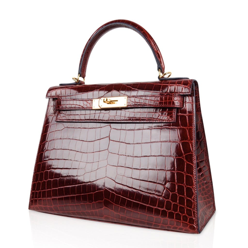 👜Kelly 28 Bag Sellier Bourgogne Red Navy Contour Crocodile Gold Hardware