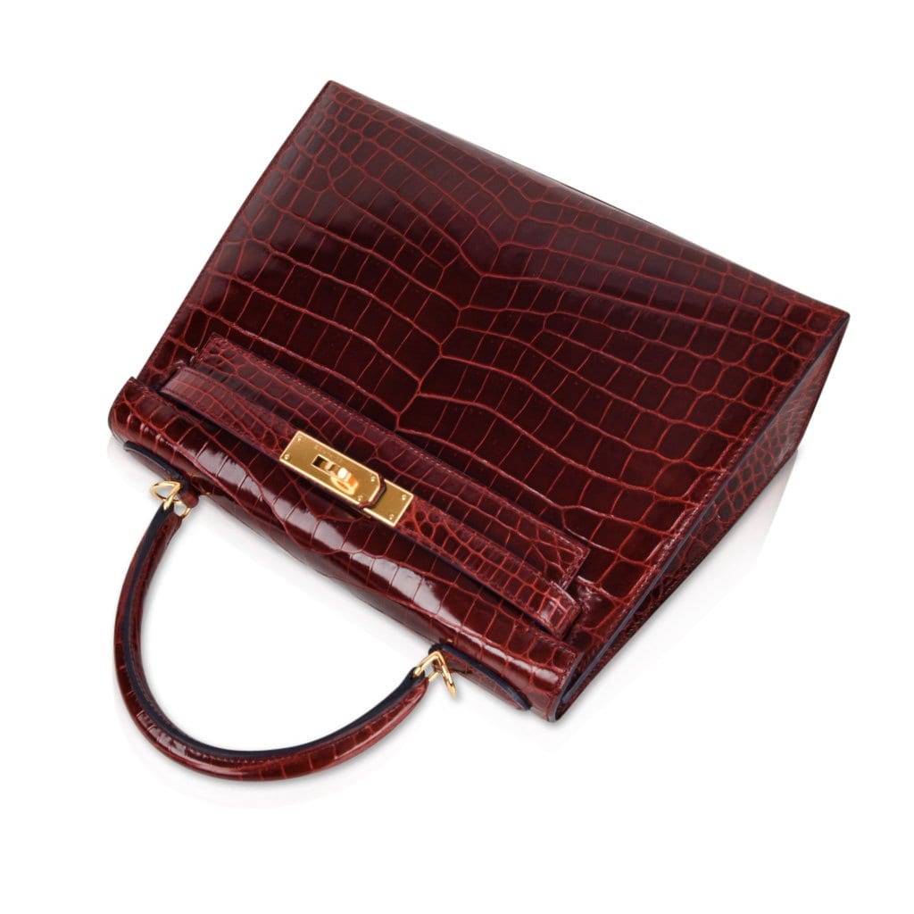 👜Kelly 28 Bag Sellier Bourgogne Red Navy Contour Crocodile Gold Hardware
