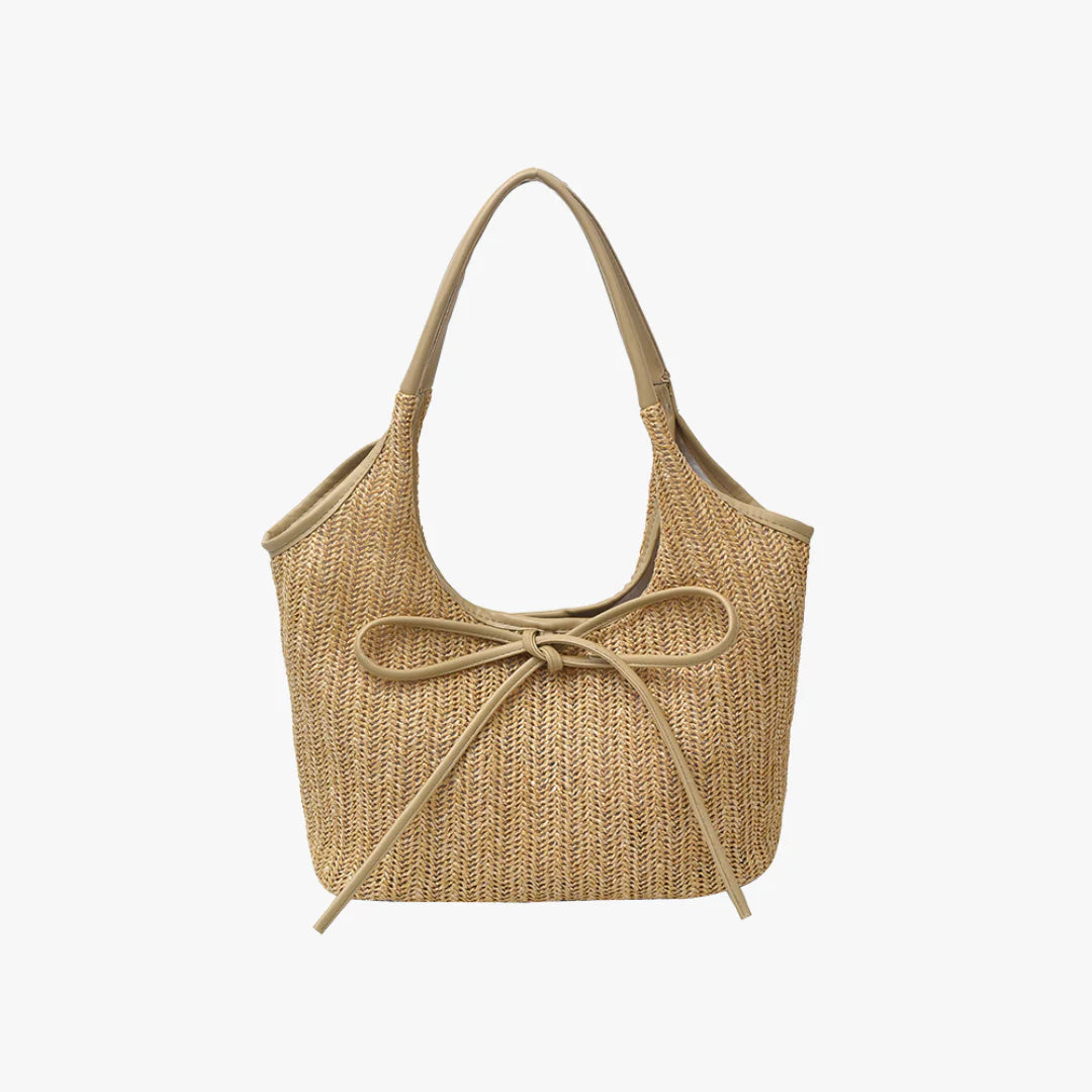 Multi-Tone Woven Shoulder Tote with Front Knotted Ribbon Embellishment and Curved Cutout Upper Profile Handbag