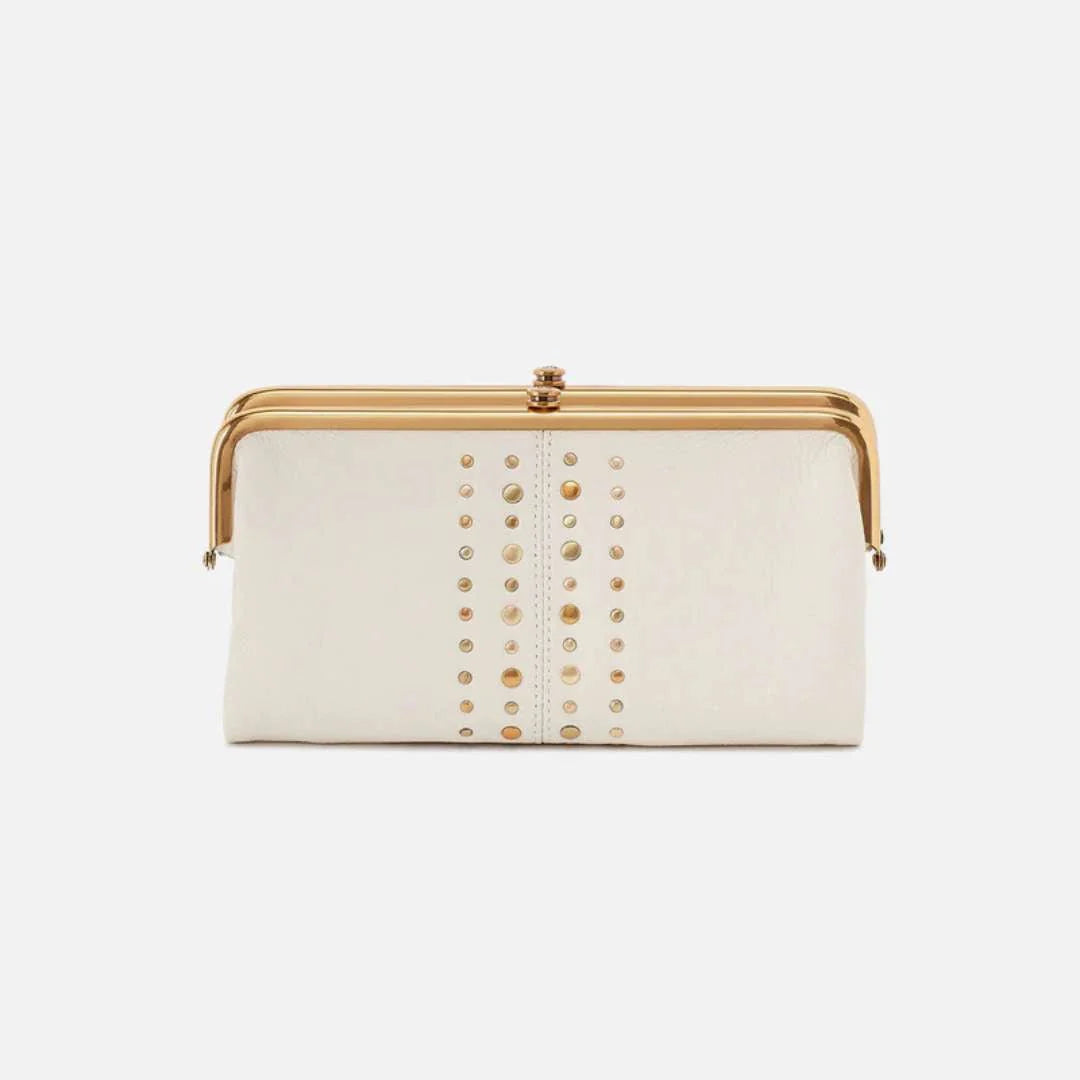 Pale Cream Vertical Studded Elongated Frame Handheld Storage Pouch with Multi-Split Organized Inner Compartment Layout