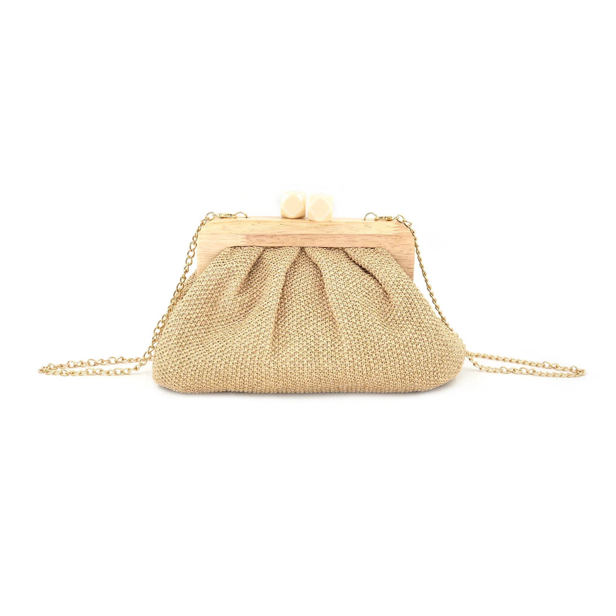 Warm Neutral Textured Weave Gathered Frame Accent Pouch with Natural Tone Bar Frame and Light Metallic Linked Strand