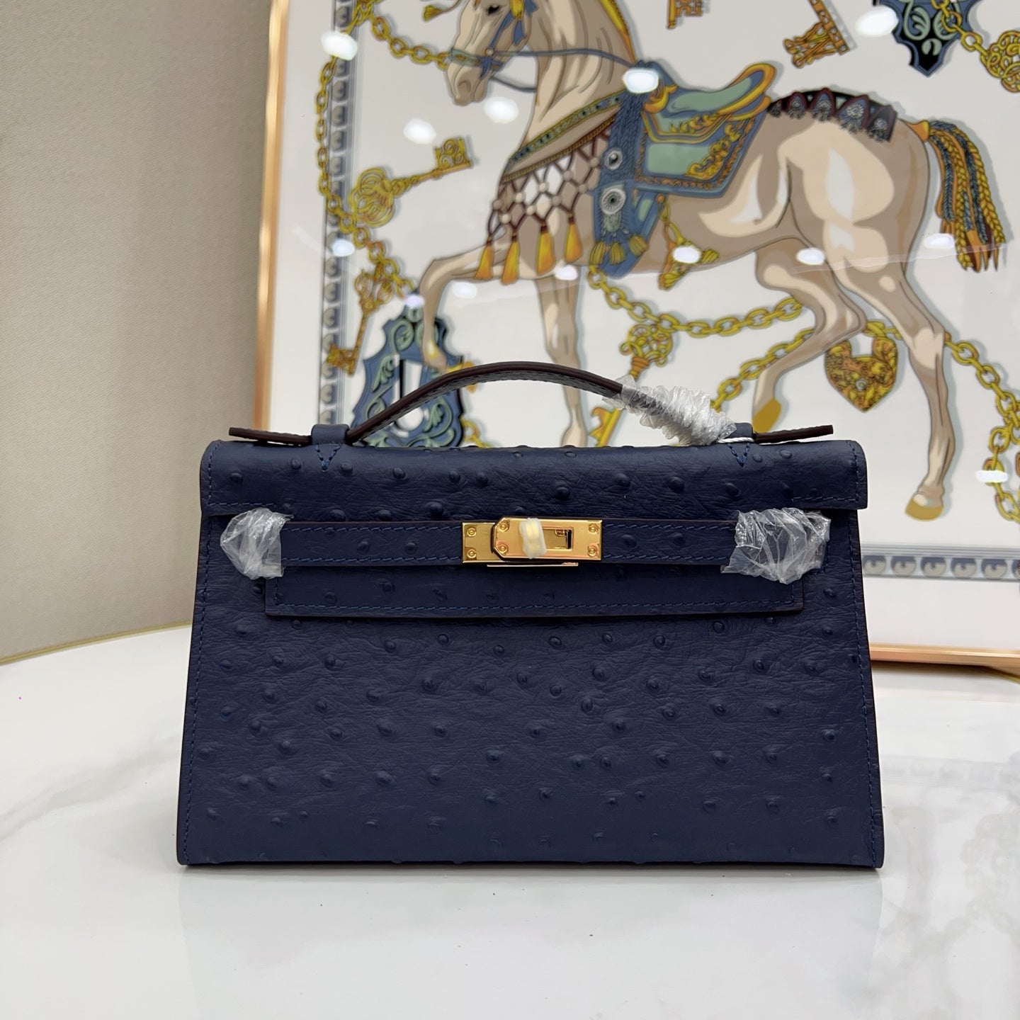 Mini Kelly Sellier 22cm Bleu Nuit Ostrich Leather Gold Hardware Women Mini Handbag