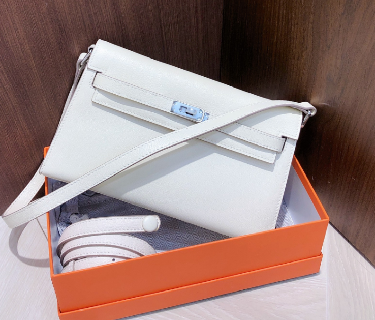 Kelly Elan 25 Underarm Baguette Bag, Genuine Top Layer Cowhide Goat Grain Leather, Silver Hardware Off White Shoulder Handbag, Youthful Elegant Goddess Daily Purse Size 25×6.5×15cm