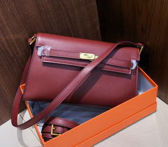Kelly Elan 25 Underarm Baguette Bag, Genuine Top Layer Cowhide Goat Grain Leather, Gold Hardware Vintage Wine Red Shoulder Handbag, Elegant Luxury Quiet Glam Daily Purse Size 25×6.5×15cm