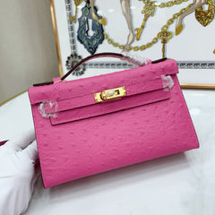 Mini Kelly Sellier 22cm Rose Tyrien Ostrich Leather Gold Hardware Women Mini Handbag