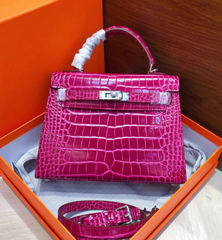 Kelly Sellier 22cm Fuchsia Shiny Crocodile Leather Gold Hardware & Palladium Hardware Women Handbag