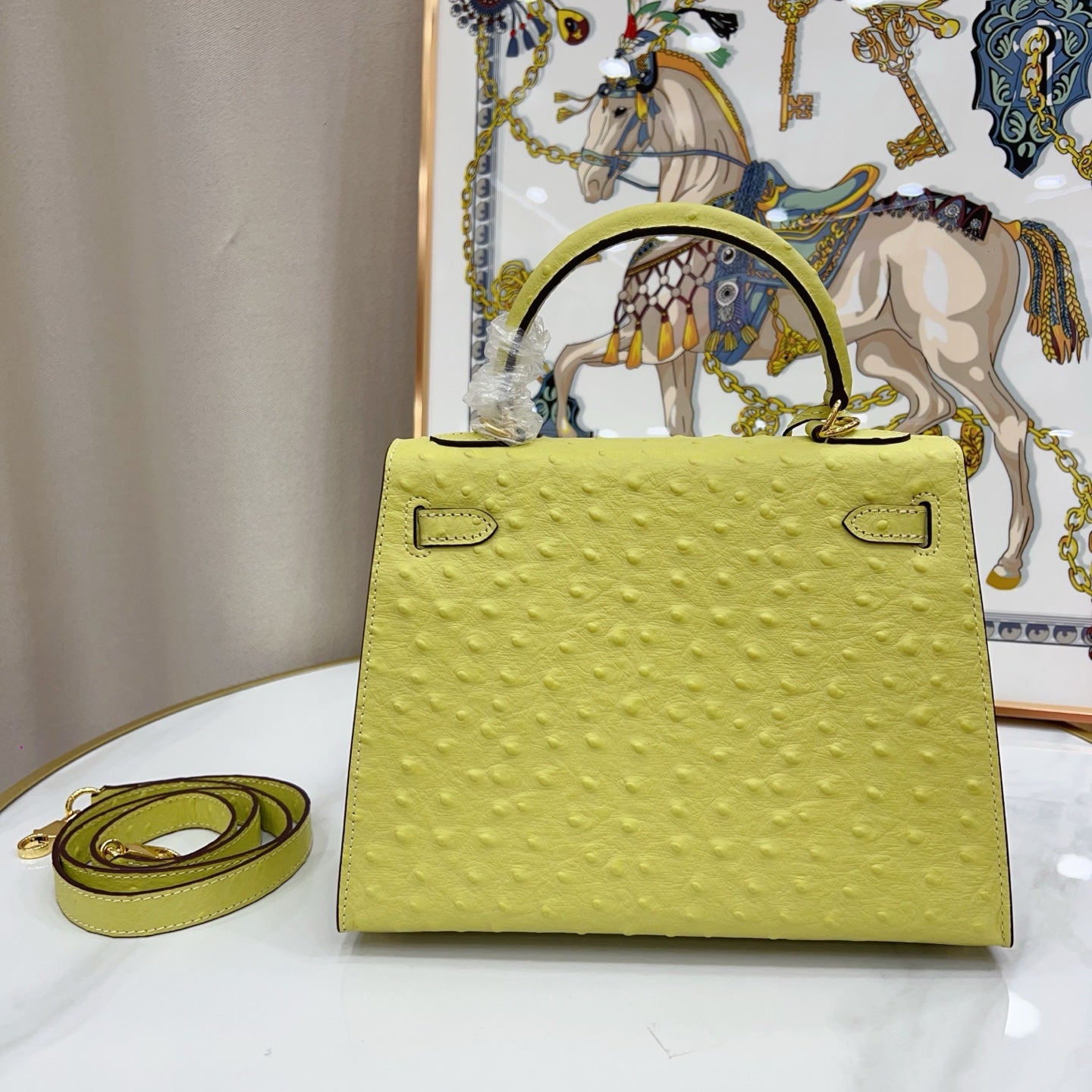 Kelly Sellier 25cm Jaune Poussin Ostrich Gold Hardware Designer Women Shoulder Handbag