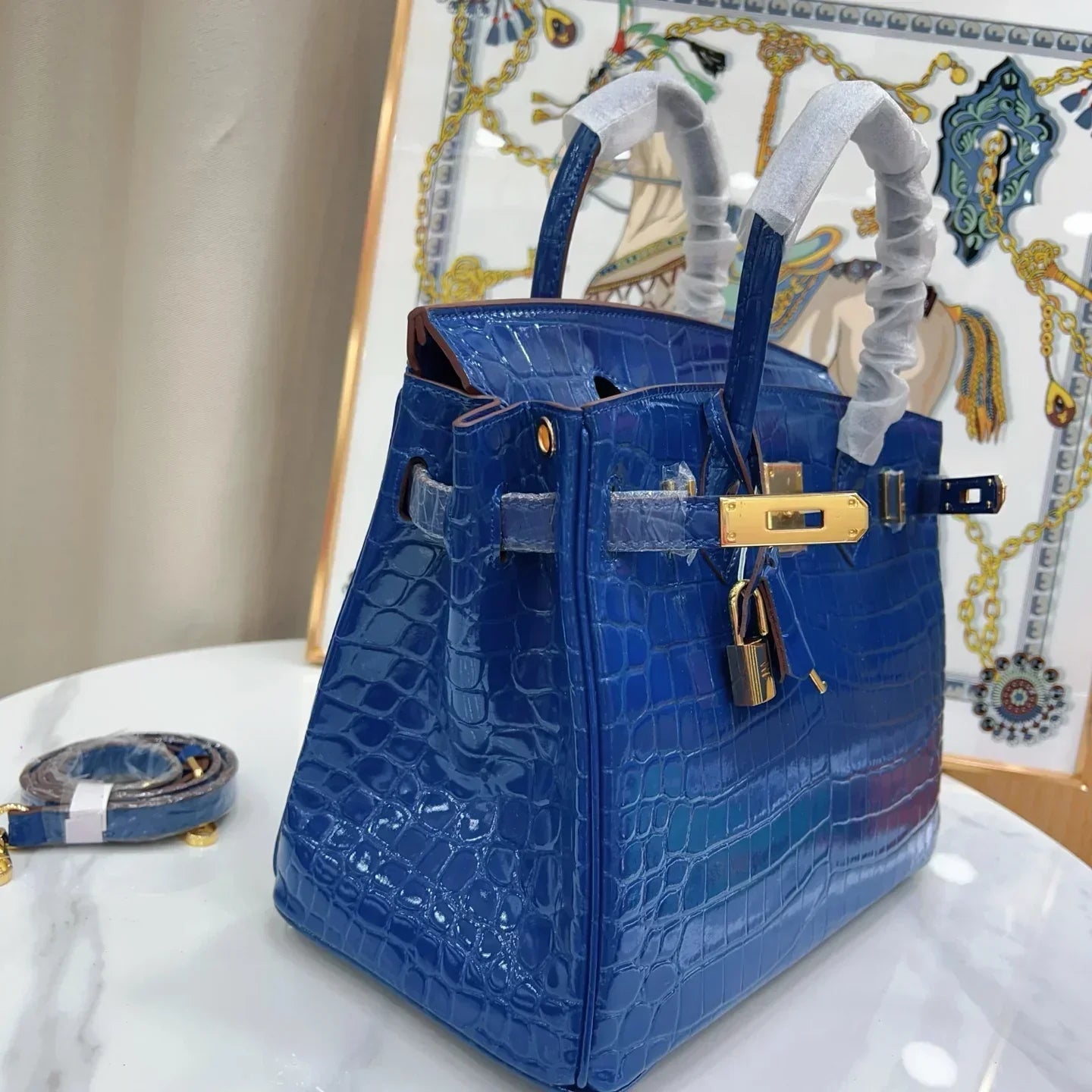 👜Birkin Blue Croc Embossement Leather Handbags Metal Lock Satchel Bag