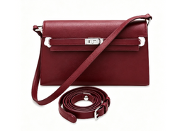 Kelly Elan 25 Underarm Baguette Bag, Genuine Top Layer Cowhide Goat Grain Leather, SilverHardware Vintage Wine Red Shoulder Handbag, Elegant Luxury Quiet Glam Daily Purse Size 25×6.5×15cm