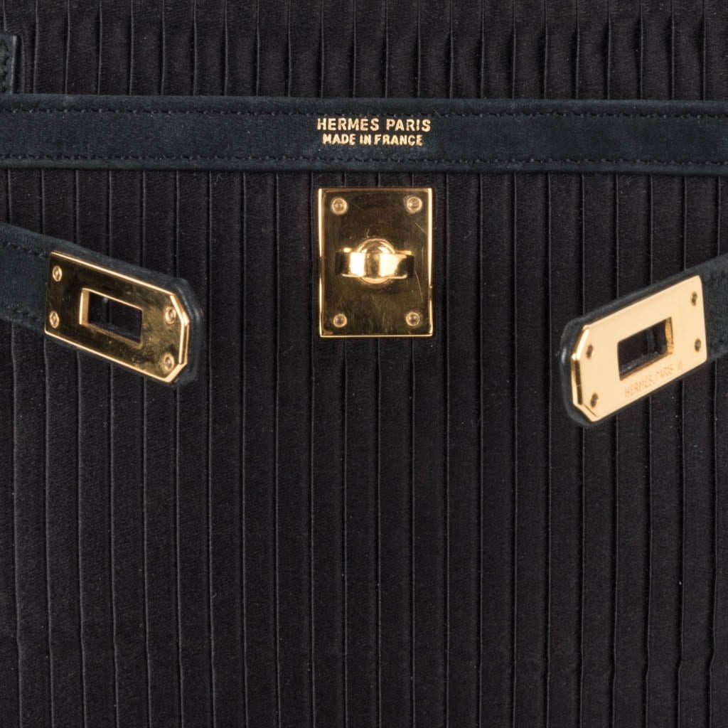 👜Kelly 20 Mini Vintage Bag Black Pleated Silk Suede Trim Gold Hardware