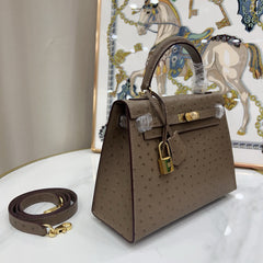 Hermès Kelly Sellier 25 Ostrich Etoupe Gold Hardware