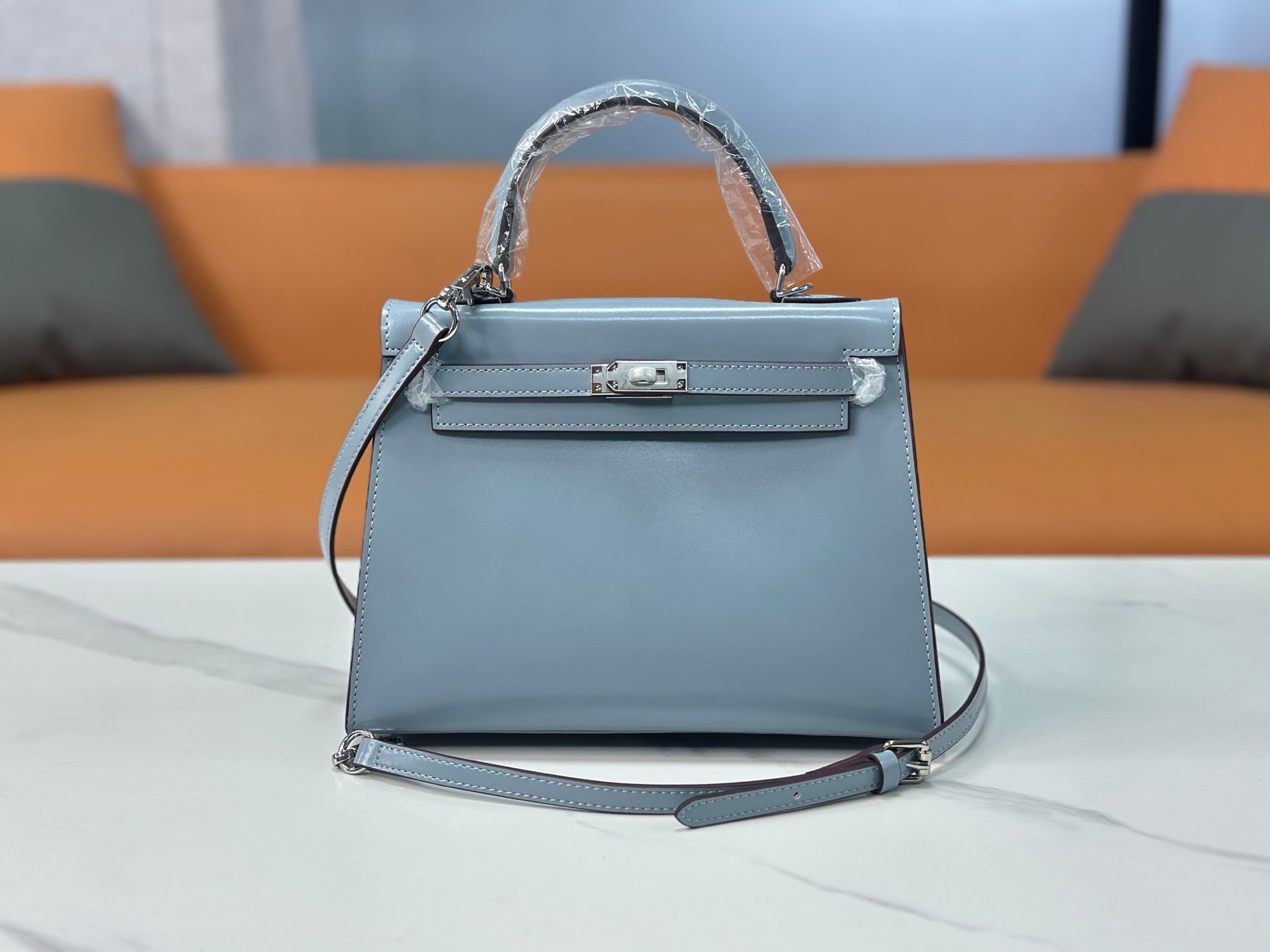 Kelly Sellier 19cm & 22cm & 25cm Bleu Lin Box Calf Leather Gold Hardware & Palladium Hardware Women Handbag