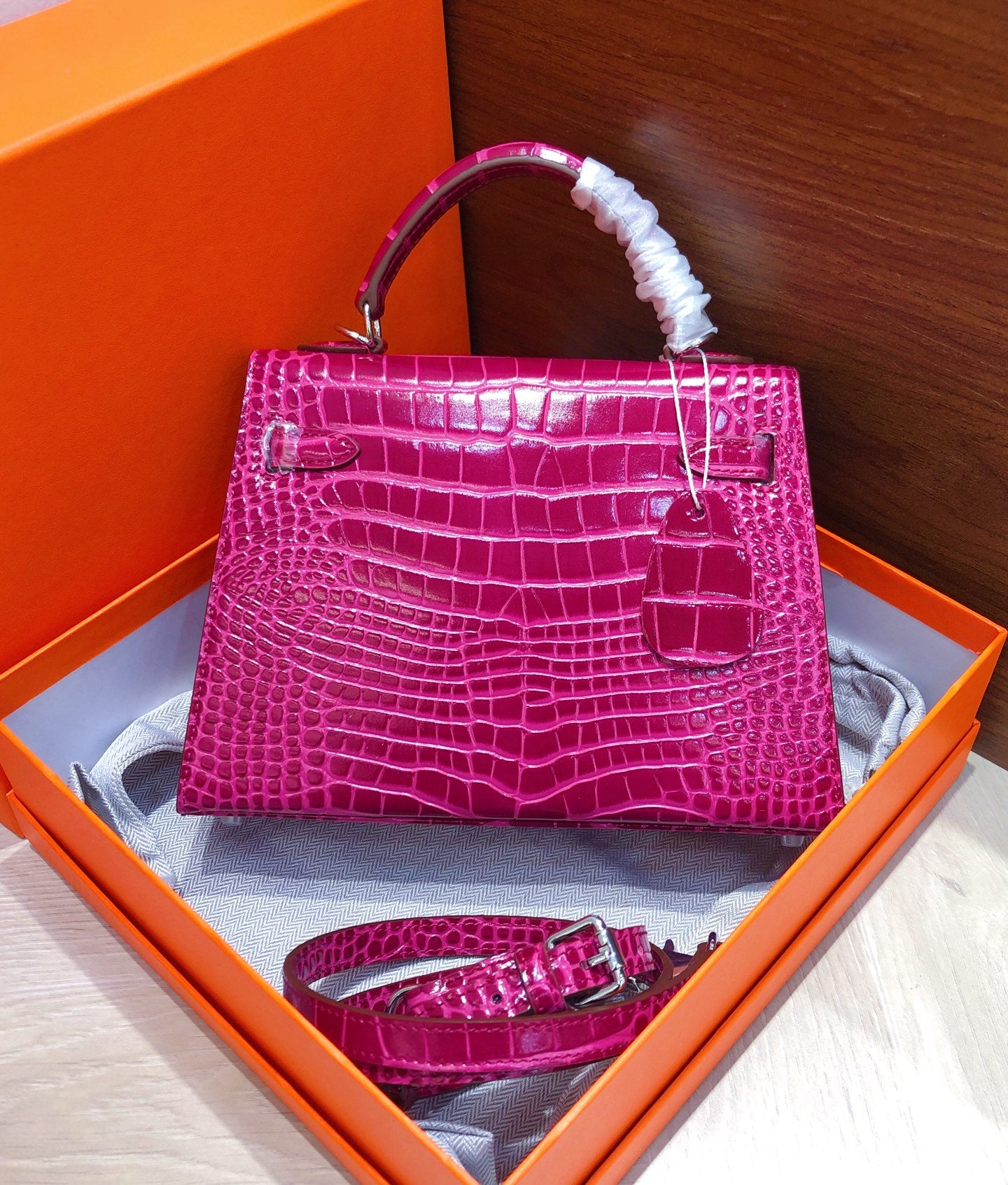 Kelly Sellier 22cm Fuchsia Shiny Crocodile Leather Gold Hardware & Palladium Hardware Women Handbag