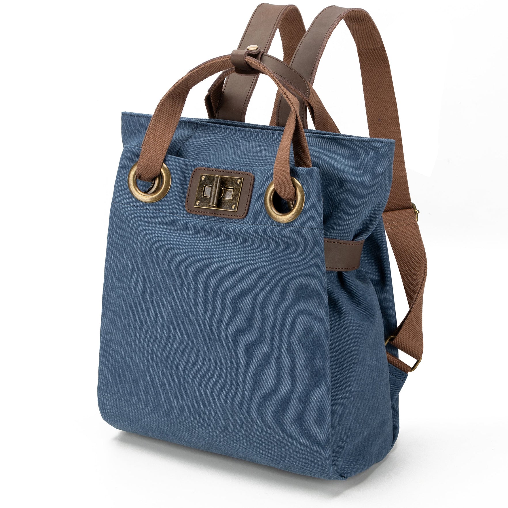 Olive/Washed Blue Dual-Mode Rectangular Canvas Carry Vessel with Antiqued Metallic Grommet Twist Lock and Convertible Hand & Back Carry Fixtures Backpack