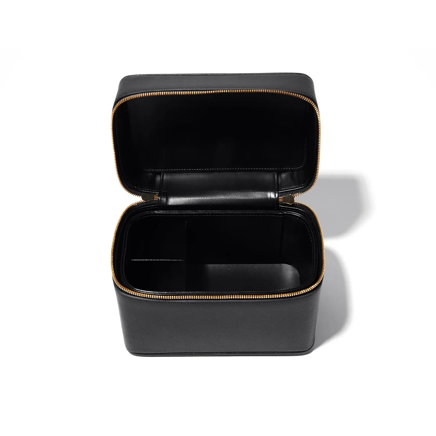 Jet Black And Pale Cream Beige Rigid Rectangular Vanity Storage Casket With Chunky Golden Linked Loop Handle And Full Perimeter Metallic Zipper Closure