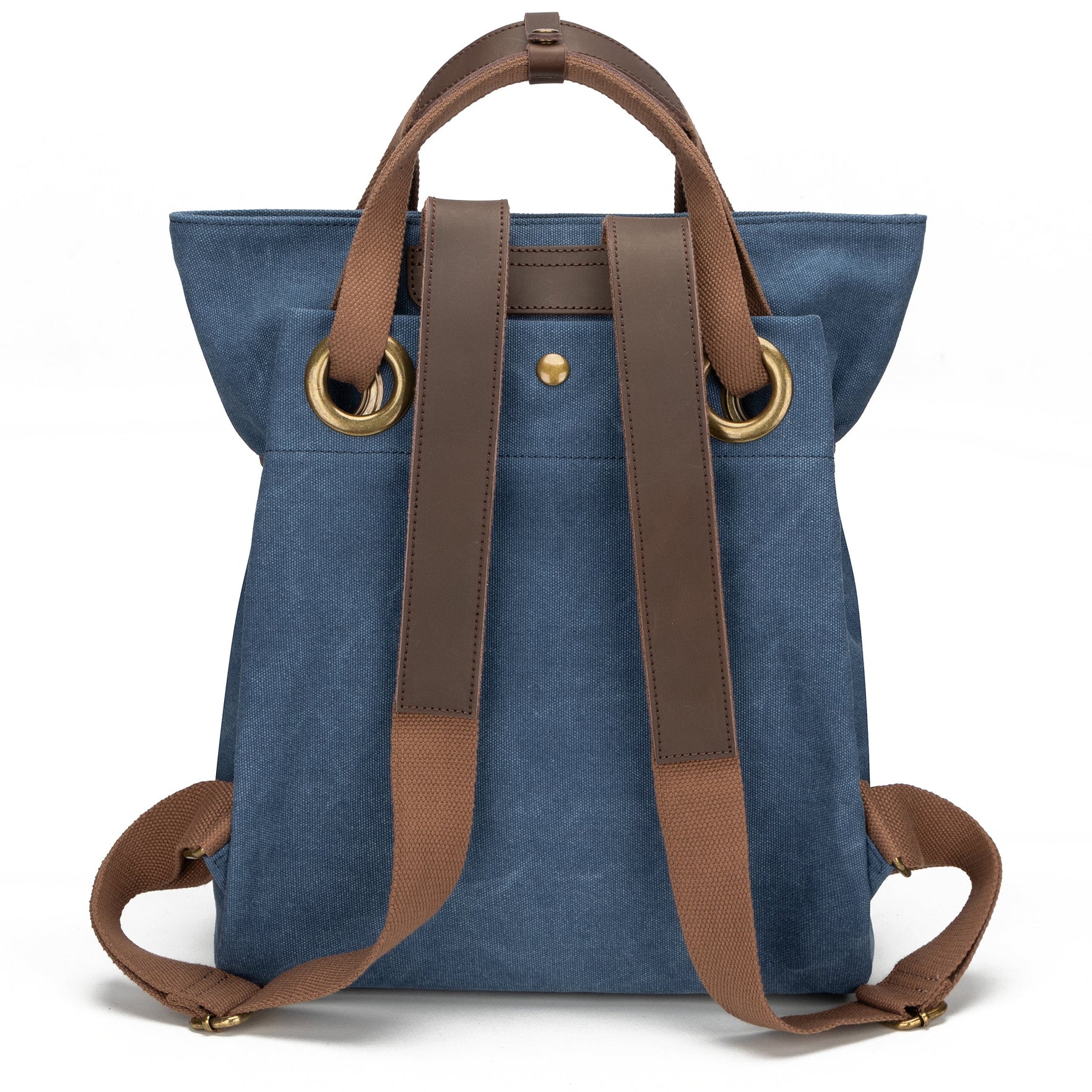 Olive/Washed Blue Dual-Mode Rectangular Canvas Carry Vessel with Antiqued Metallic Grommet Twist Lock and Convertible Hand & Back Carry Fixtures Backpack