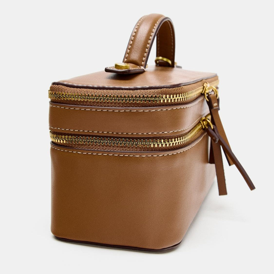 Warm Caramel Dual-Compartment Rectangular Vanity Carry Casket With Contrast Stitch Detailing, Curved Top Gripping Loop And Double Metallic Zip Track Closure Train Case