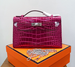 Kelly Pochette Fuchsia Shiny Niloticus Crocodile Leather Palladium Hardware Women Clutch Bag