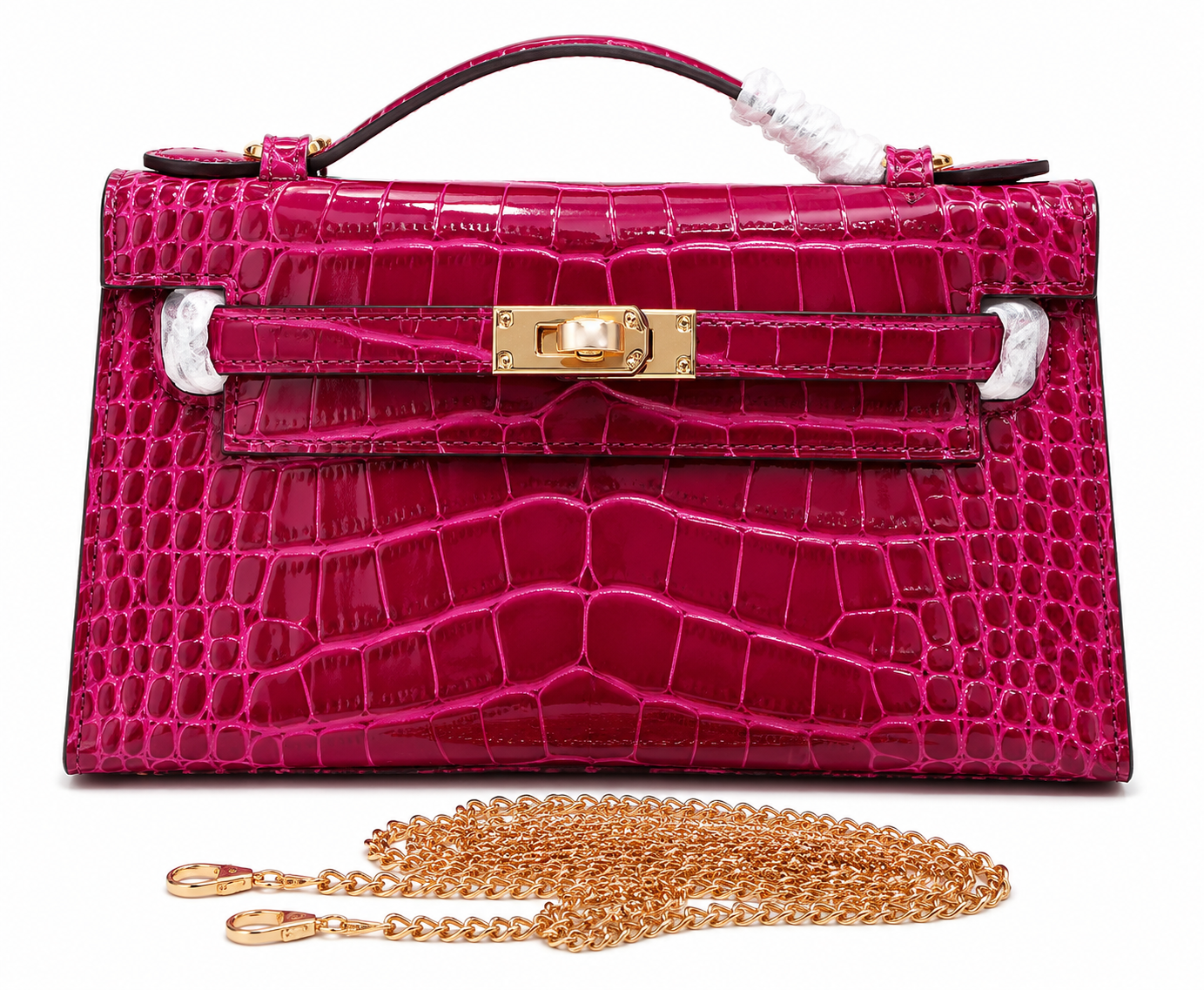 Kelly Pochette Fuchsia Shiny Niloticus Crocodile Leather Gold Hardware Women Clutch Bag