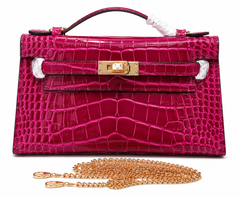 Kelly Pochette Fuchsia Shiny Niloticus Crocodile Leather Gold Hardware Women Clutch Bag
