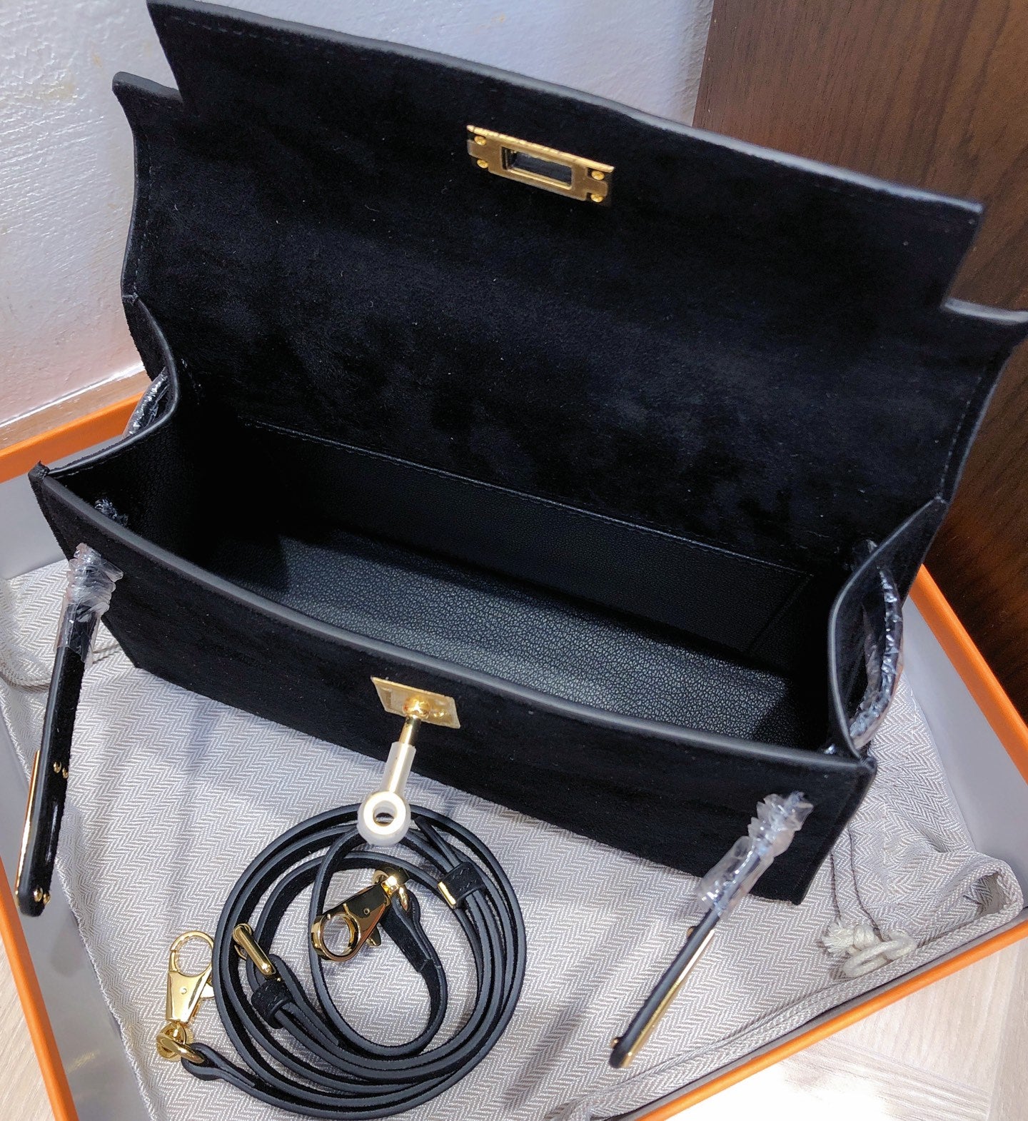 Kelly Sellier 22cm Noir Suede Leather Gold Hardware Women Mini Handbag