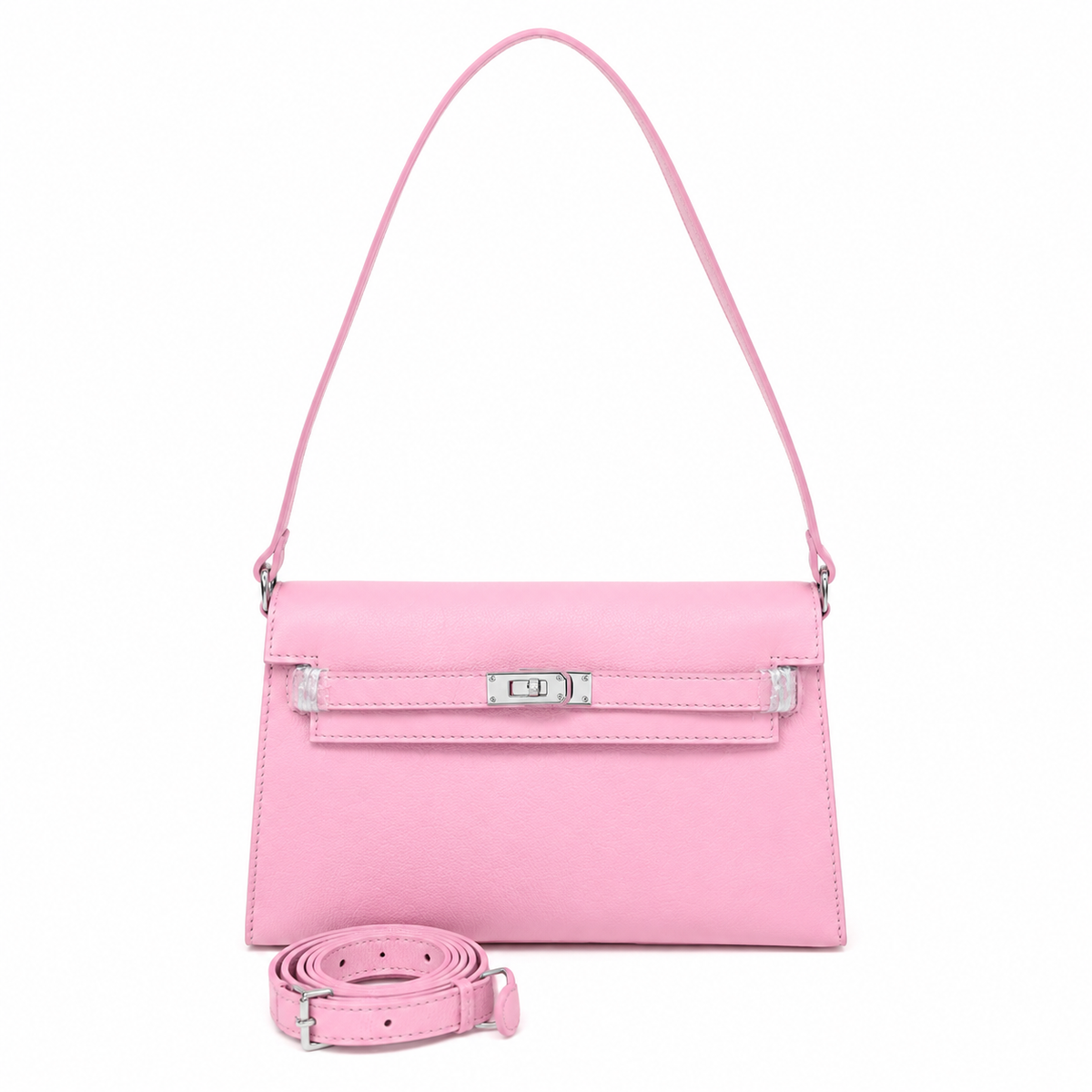 Kelly Elan 25 Underarm Baguette Bag, Genuine Top Layer Cowhide Goat Grain Leather, Silver Hardware Mauve Iris Purple Shoulder Handbag, Bright Soft Tone Youthful Elegant Daily Purse Size 25×6.5×15cm