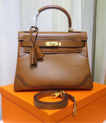 Kelly Sellier Ghillies 28cm Natural Sable Barenia Leather Gold Hardware Women Handbag