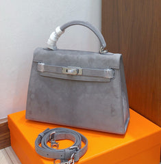 Kelly Sellier 22cm Gris Asphalte Suede Leather Palladium Hardware Women Handbag