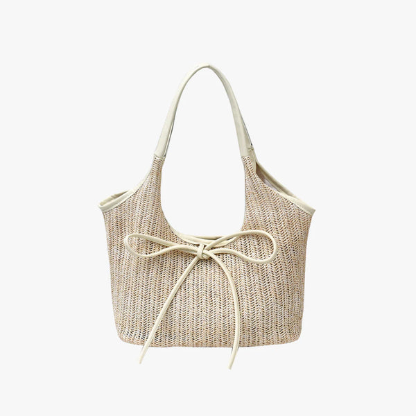 Multi-Tone Woven Shoulder Tote with Front Knotted Ribbon Embellishment and Curved Cutout Upper Profile Handbag