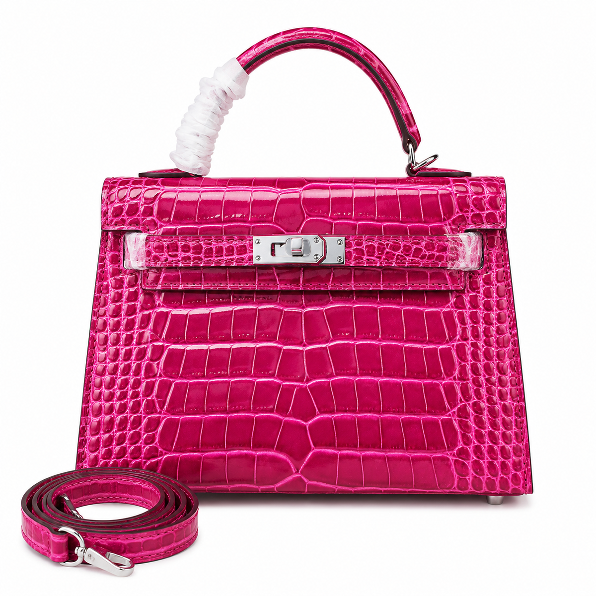 Kelly Sellier 22cm Fuchsia Shiny Crocodile Leather Gold Hardware & Palladium Hardware Women Handbag
