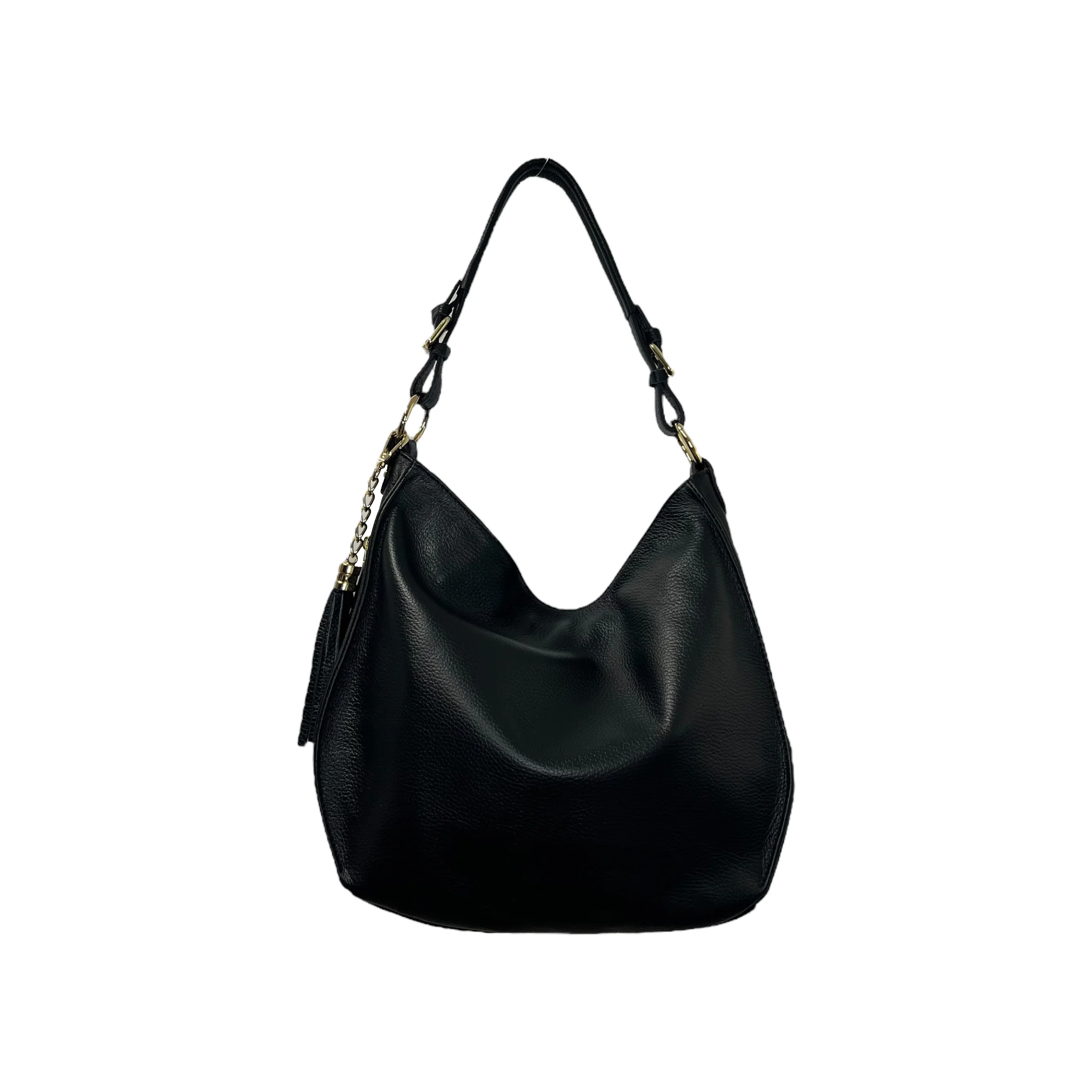 Multi-Tone Textured Slouch Shoulder Carry Sack Metallic Fringe Tassel Accent Multi-Zone Internal Storage Layout Handbag