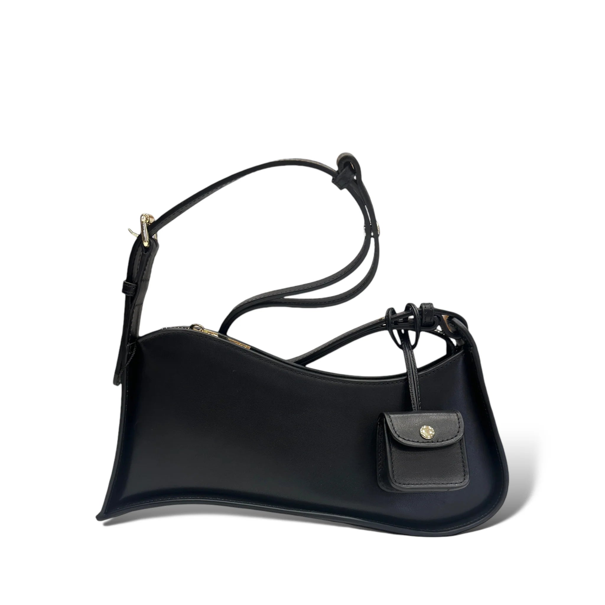 Multi-Tone Asymmetrical Curved Slim Shoulder Carry Vessel Diminutive Snap Pouch Dangling Accent and Sleek Sealed Top Track Handbag