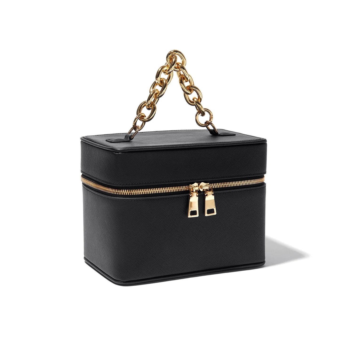 Jet Black And Pale Cream Beige Rigid Rectangular Vanity Storage Casket With Chunky Golden Linked Loop Handle And Full Perimeter Metallic Zipper Closure