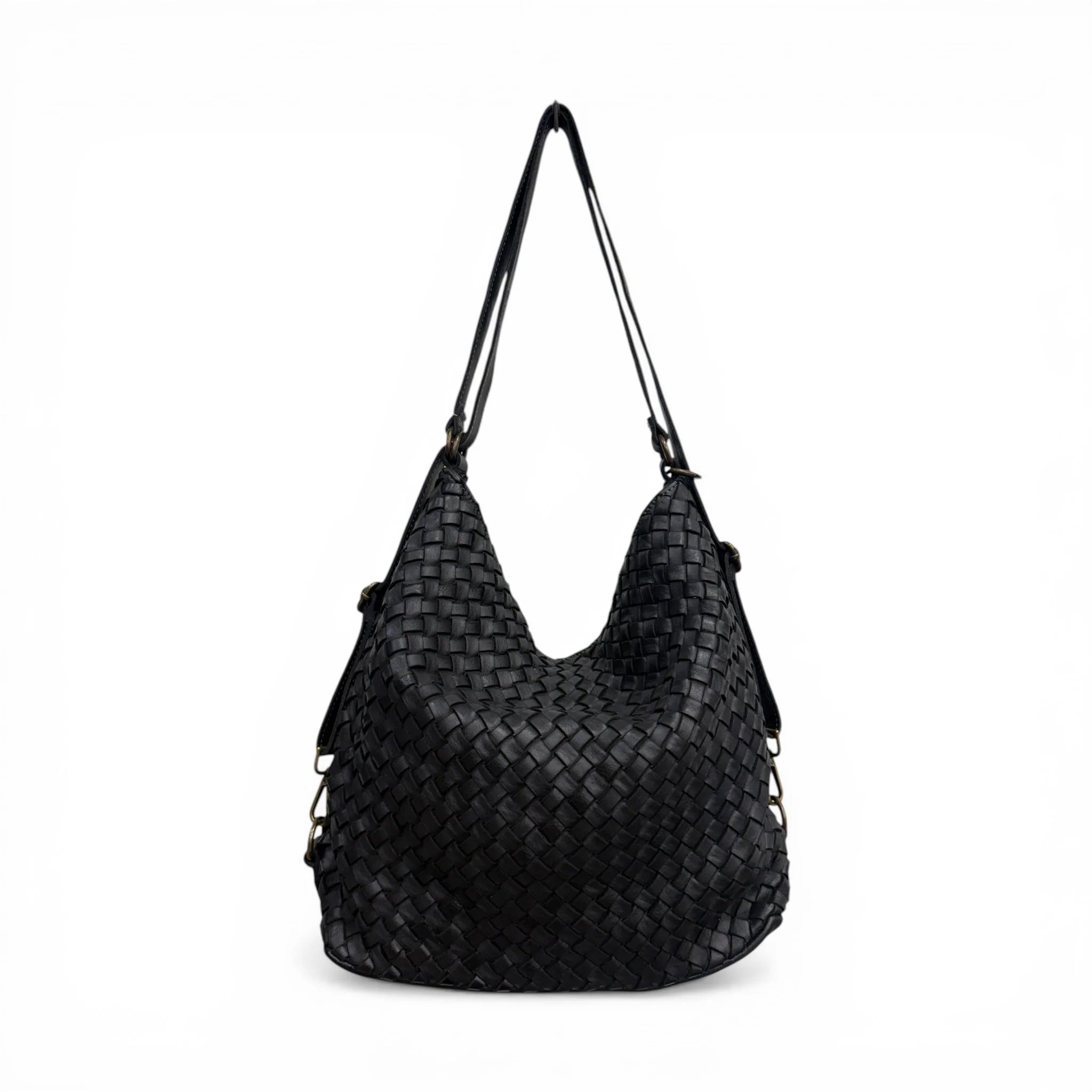 Multi-Tone Interchangeable Carry Slouch Sack With Grid Weave Surface Option And Reconfigurable Antique Metallic Fastened Straps Backpack