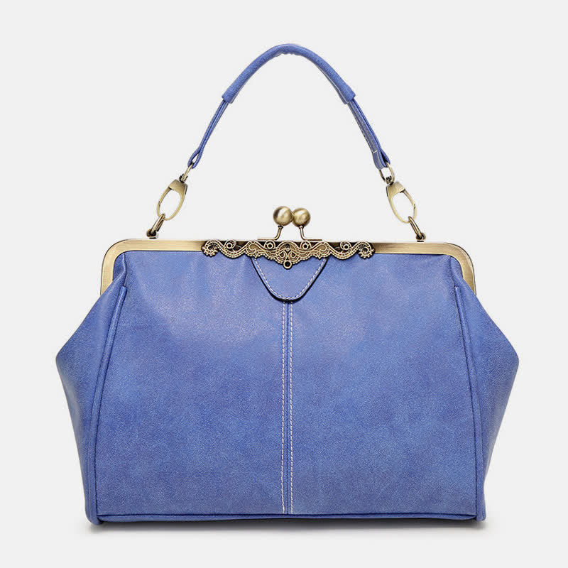 Multi-Tone Flared Gusset Vintage Framed Carry Vessel with Ornamental Metallic Kiss Lock Partitioned Inner Storage