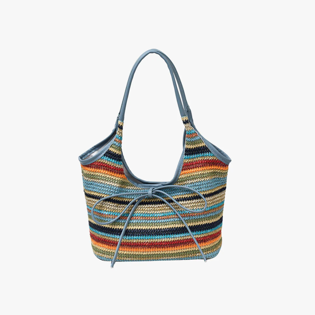 Multi-Tone Woven Shoulder Tote with Front Knotted Ribbon Embellishment and Curved Cutout Upper Profile Handbag