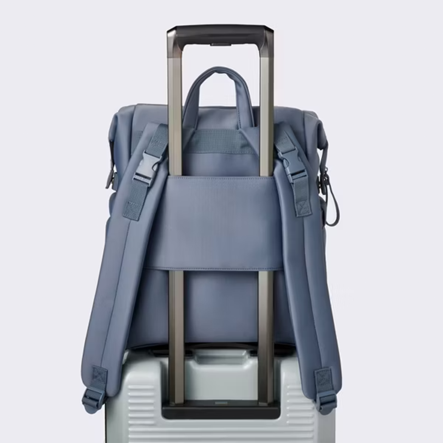 Pale Slate Blue Boxy Multi-Compartment Backpack Vessel With Permeable Panel Access Flap and Luggage Slip Channel Feature